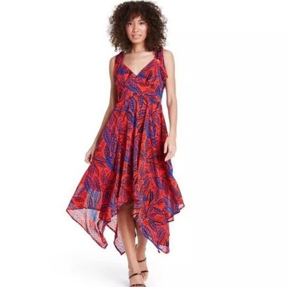 Alexis For Target Dress Small Tropical Leaf Tie Strap Asymmetrical Orange NWT - Picture 2 of 5